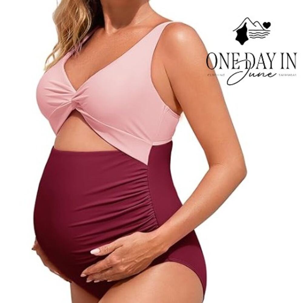 Summermae Maternity Twist Front Cut Out One Piece Swimsuit Size L